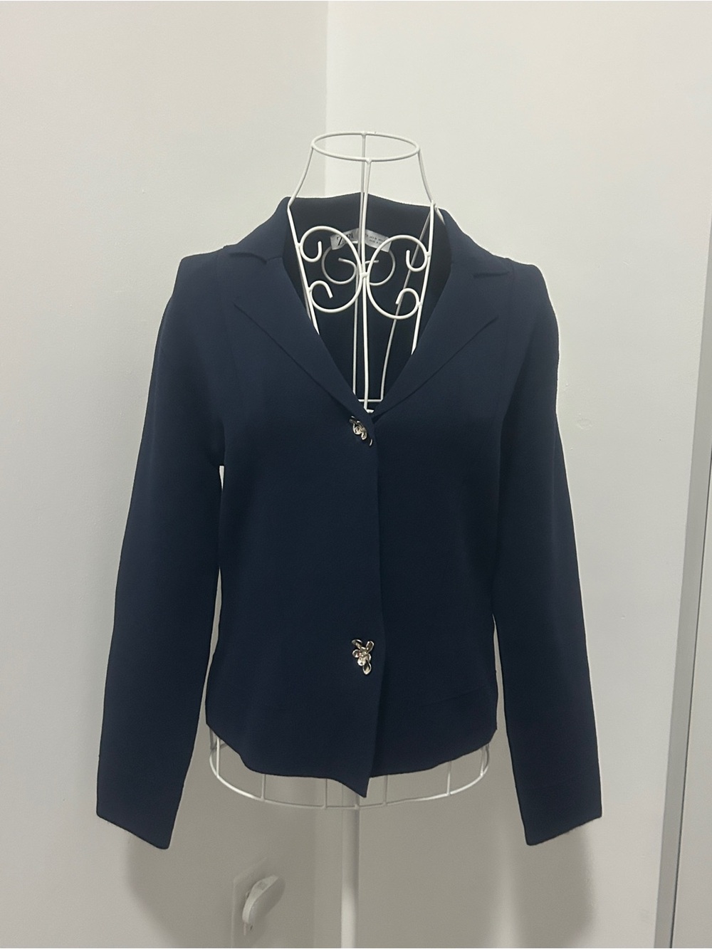 Zara Women’s Navy Blue Knit Blazer Cardigan Silver Floral Buttons Size M